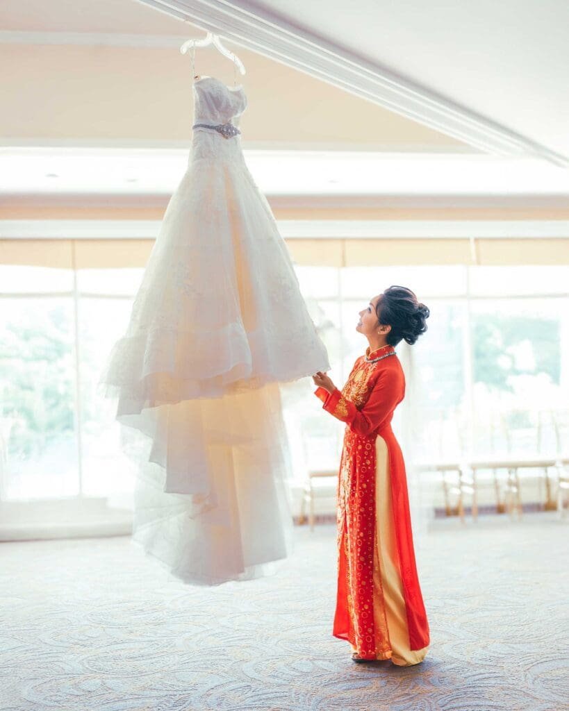 chinese bride with western wedding dress