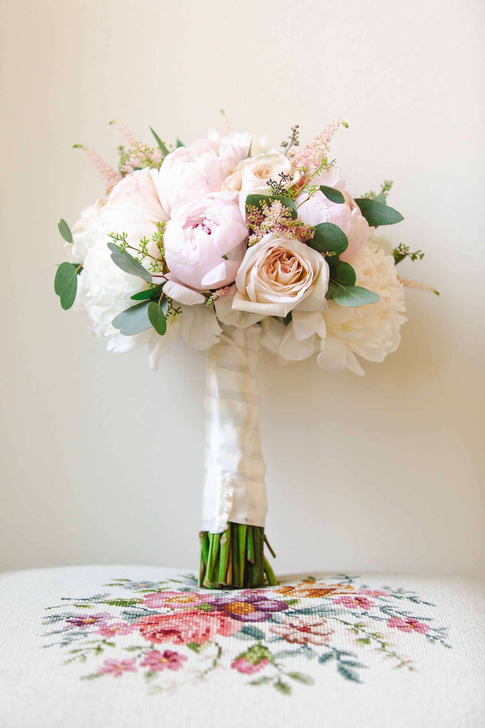 bridal floral bouquet on chair