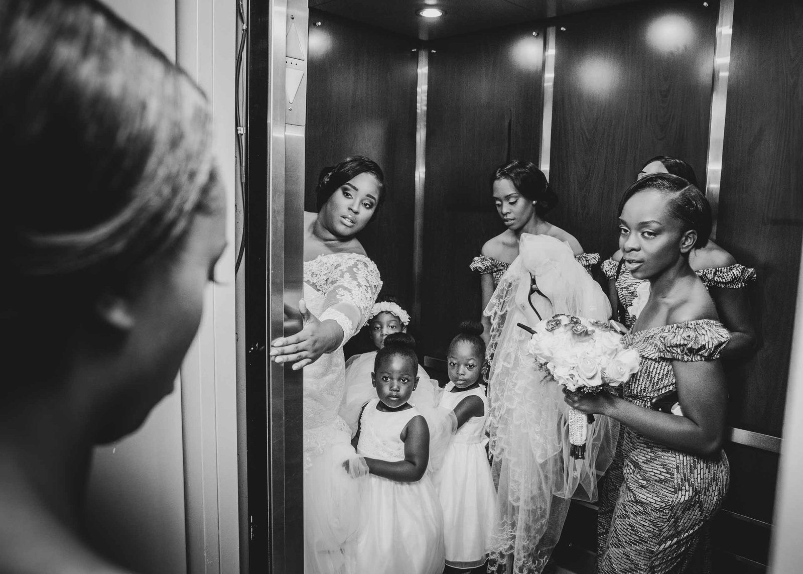 bridal party in elevator