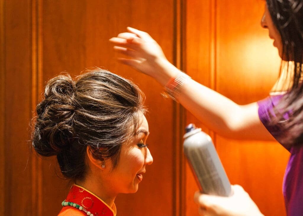 bride with hair stylist